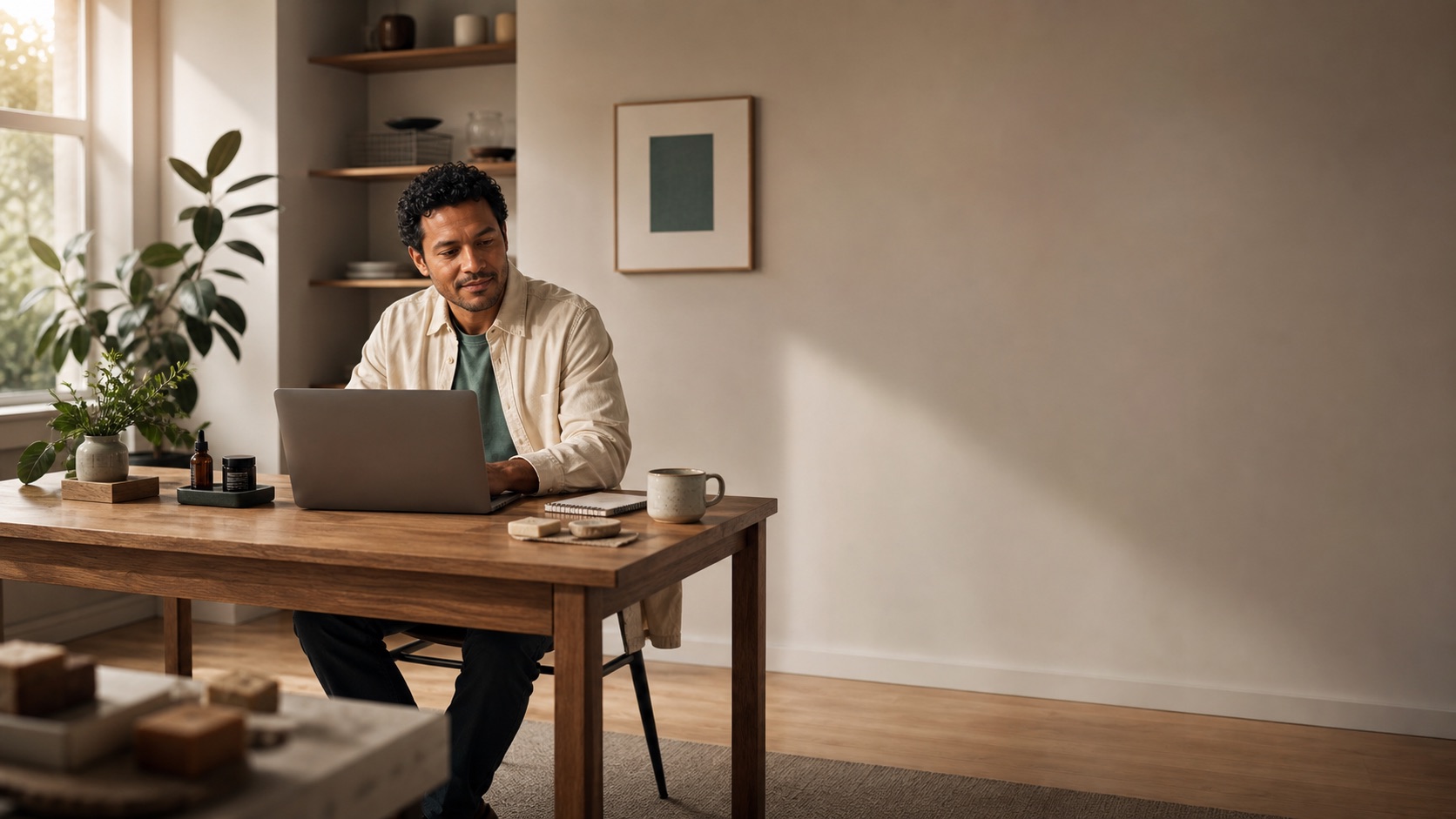 A solo business owner beginning the day in a warm home office