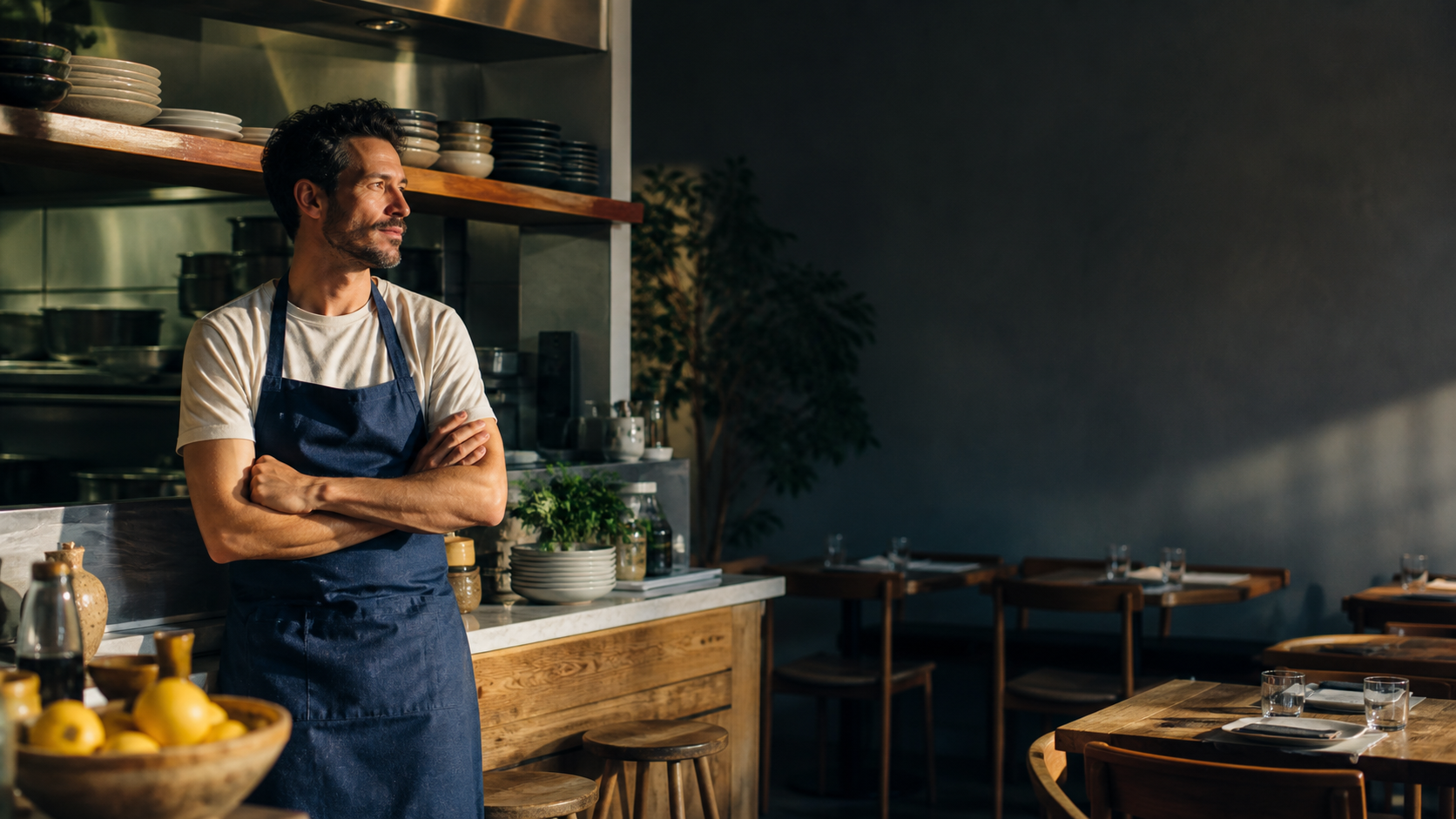 An independent restaurant owner standing in a warm neighborhood restaurant